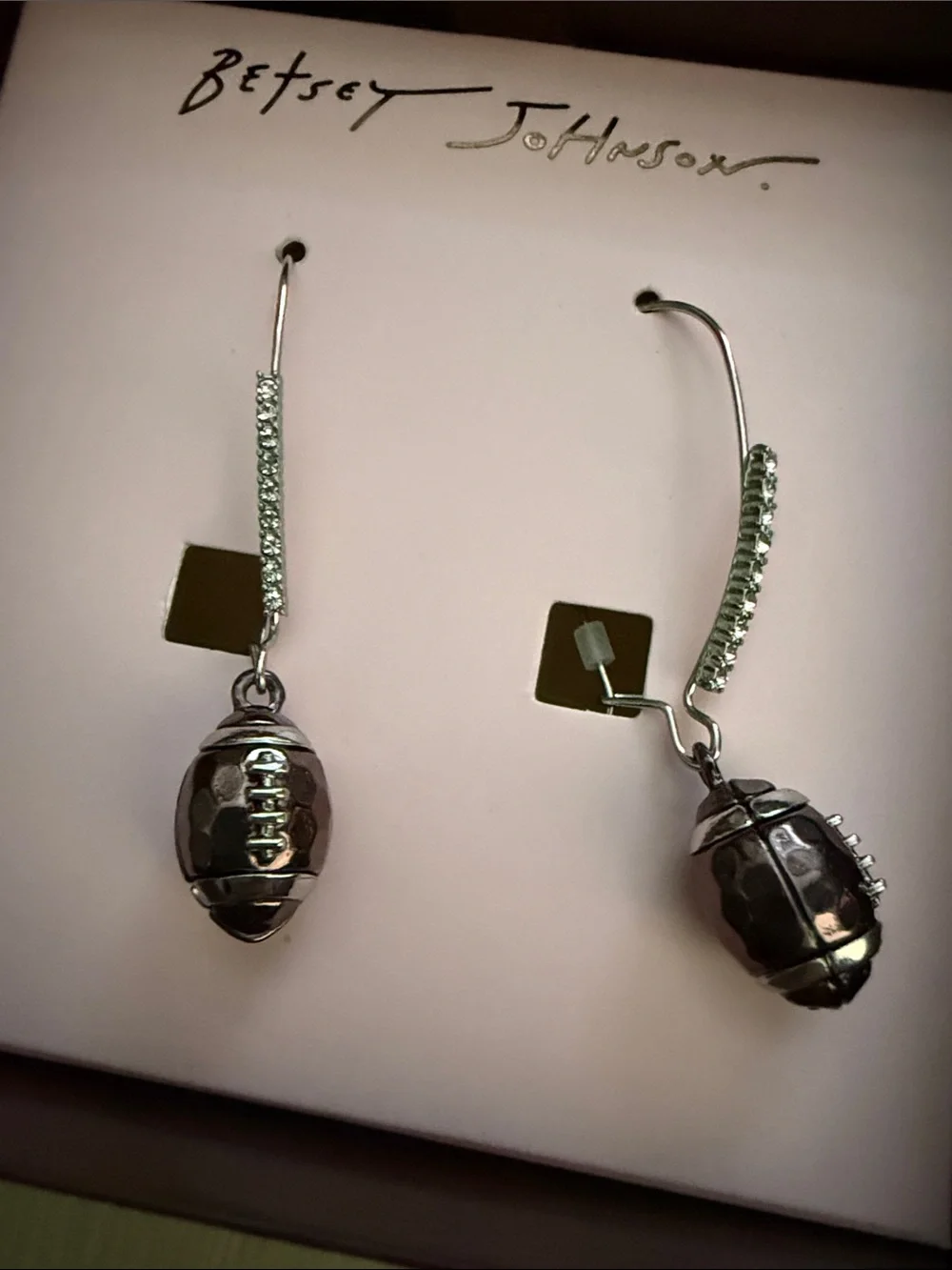 Betsey Johnson Brown Football Drop Earrings with Crystal Hooks